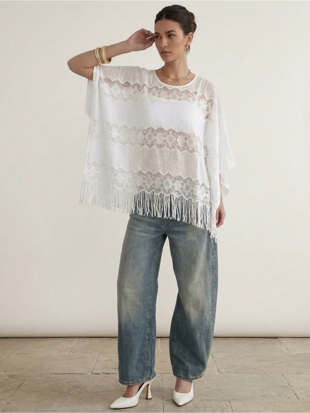NWT Chico’s White Lace Crochet Poncho Beach Cover Up Layering Top